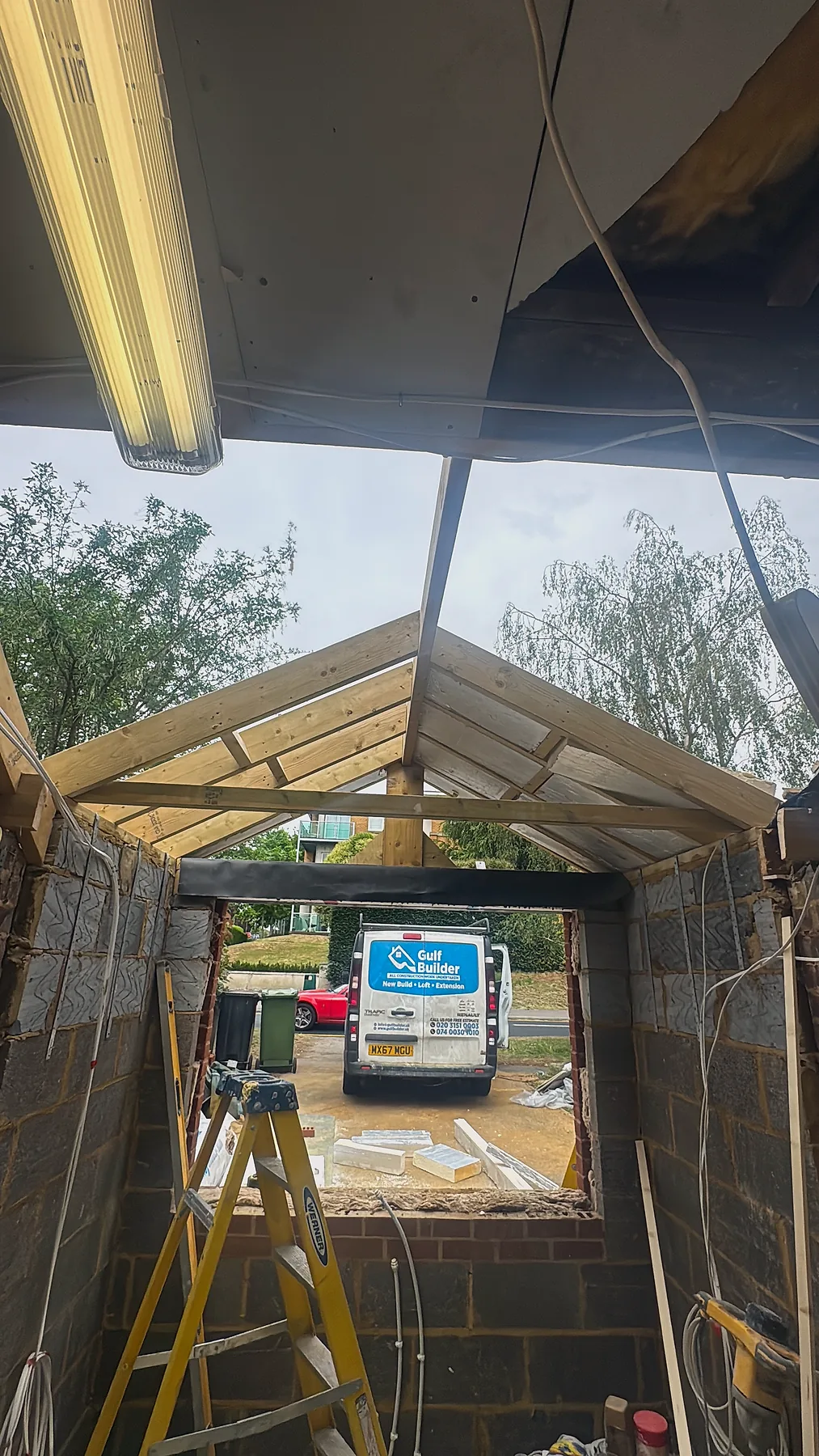 Internal ceiling shell prepared during a Gulf Builder conversion