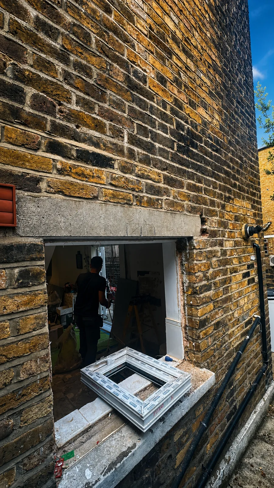 New structural opening prepared in an existing London brick wall